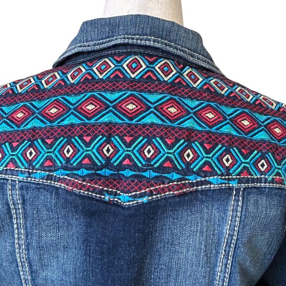 Maurices Aztec Embroidered Dark Sandblast Cotton Denim Jean Jacket - M - Blue - Picture 7 of 11